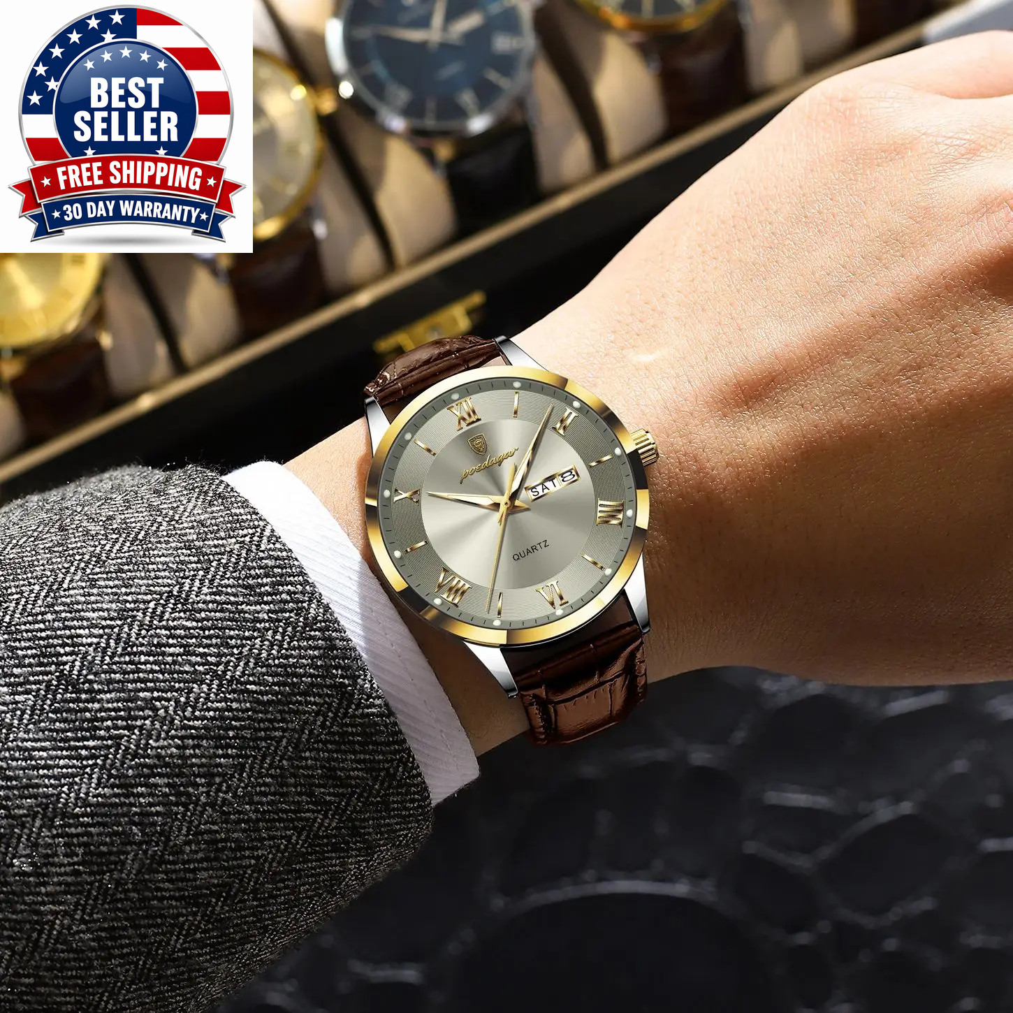 Men’s Waterproof Quartz Watch with Leather Band and Luminous Features