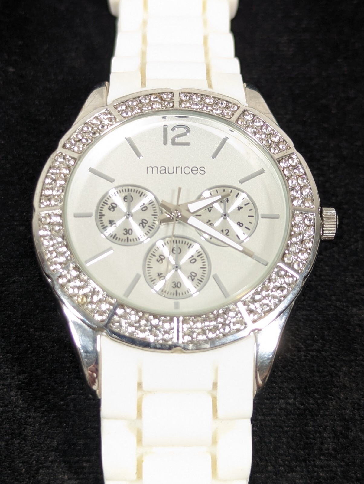 Maurices Womans Silver Tone Dial Crystal Accent White Silicone Band Watch 8.5 in