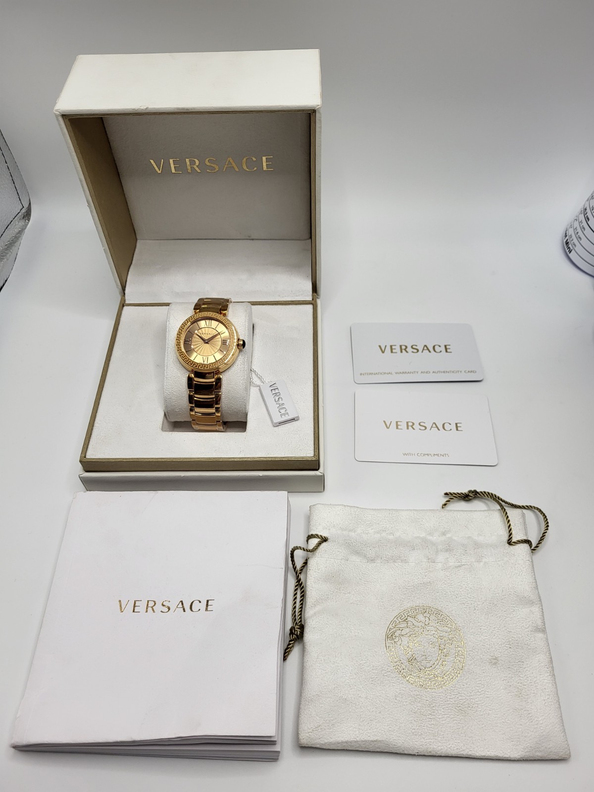 SWISS [NEW] 38mm Versace Leda Women’s Gold Guiloche Dial Roman Watch Box & Paper