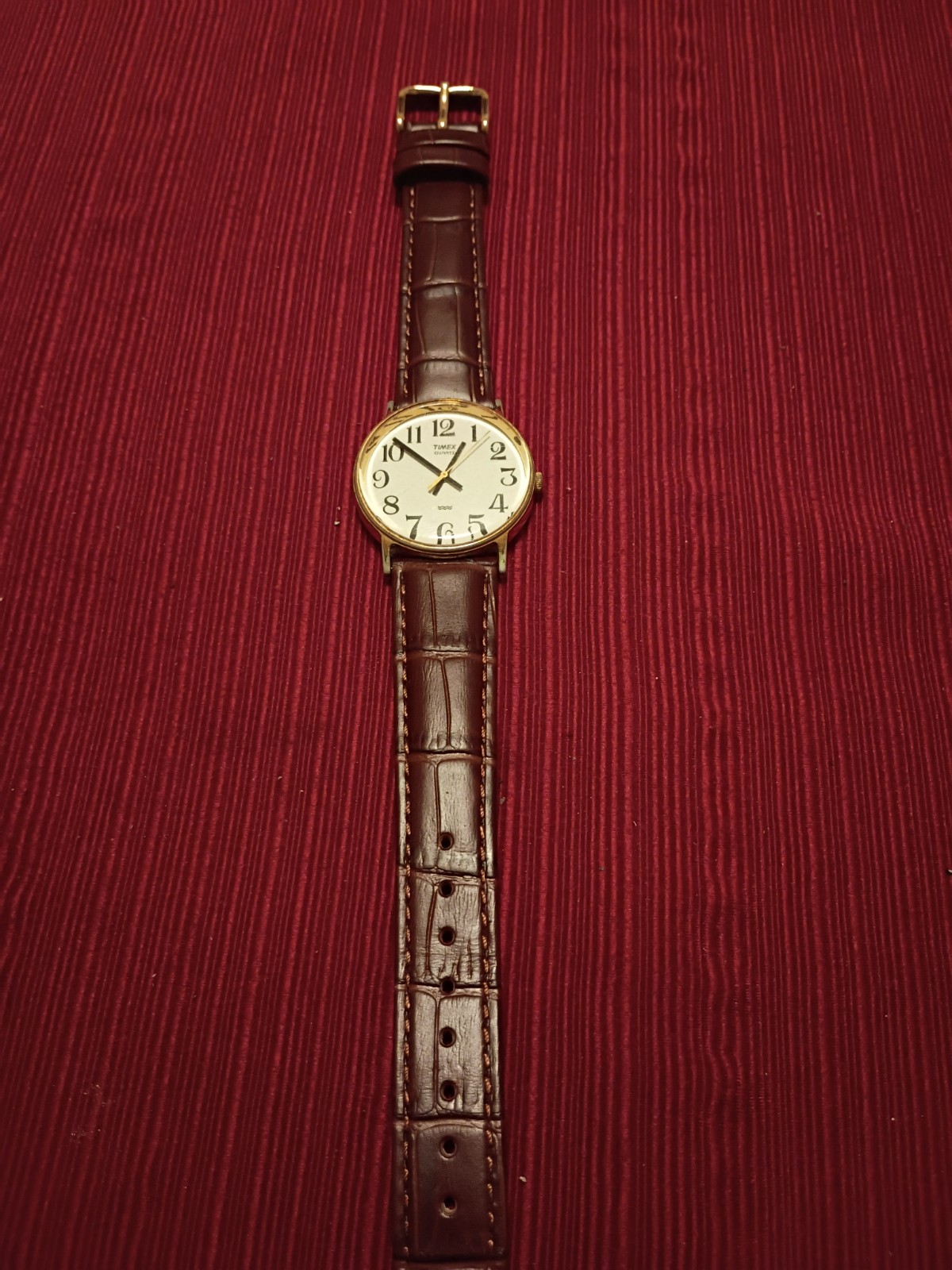 Vintage Timex Quartz Gold Base Metal Case White Dial – New Leather Band/Battery