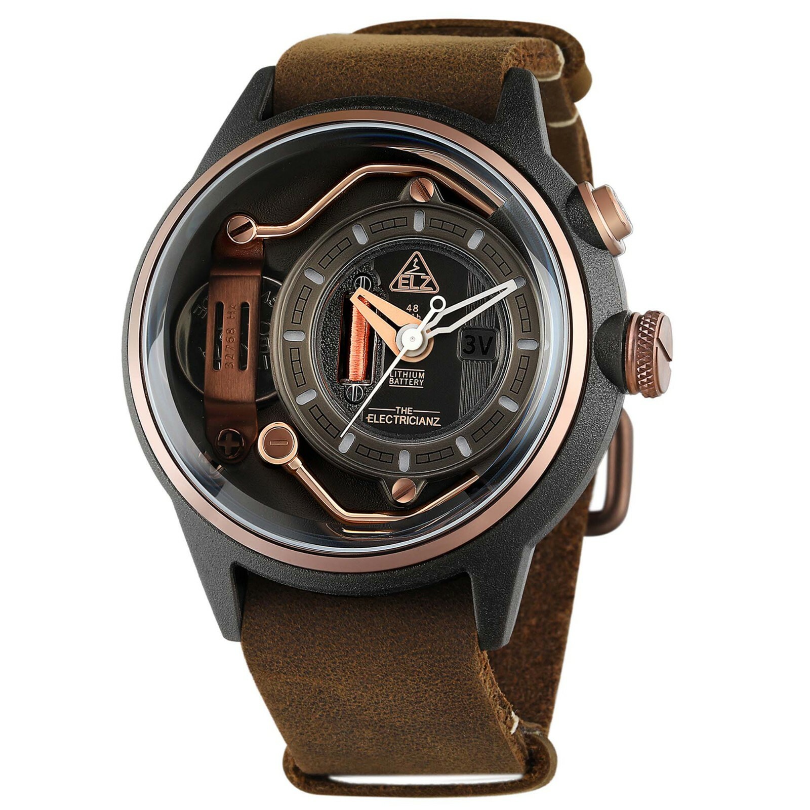 The Electricianz Mokaz Steel Nylon Light Brown Leather Black Electrical Watch