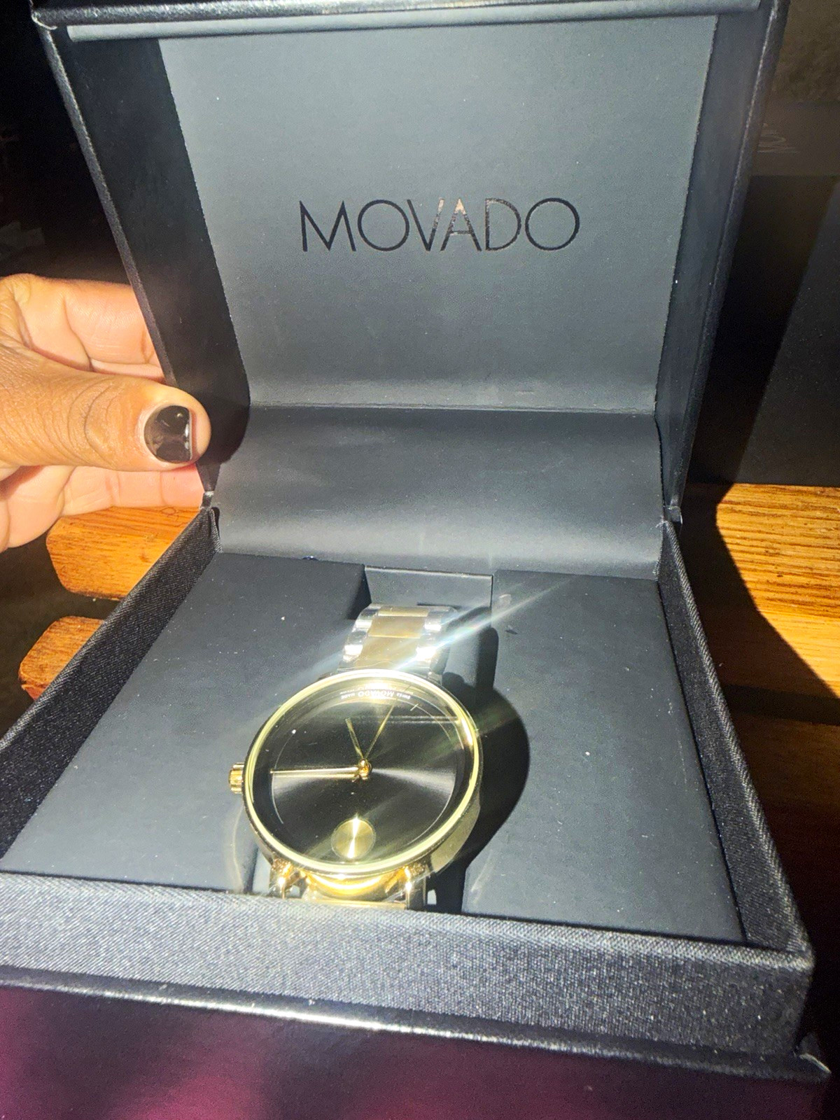 Movado Museum Quartz Analog Black Dial Gold Tone Case Black Leather Strap w/Box
