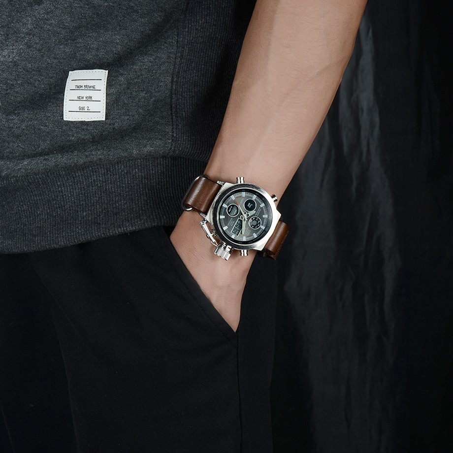 Leather Strap Dual Display Quartz Analog Digital Mens Sport Watch -Ships from US