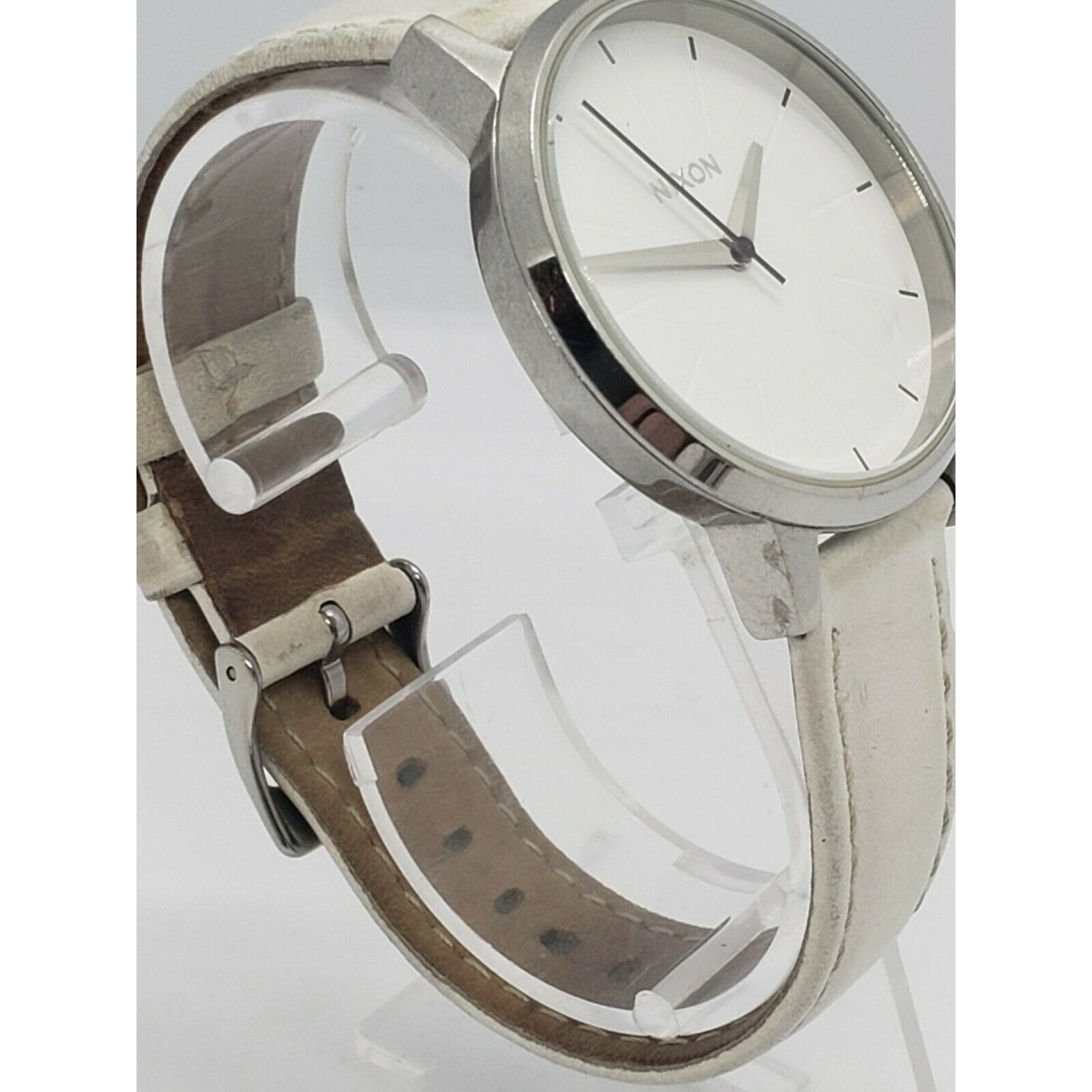 Nixon Moving Out Kengsington Silver Tone Steel Watch with White Leather Band