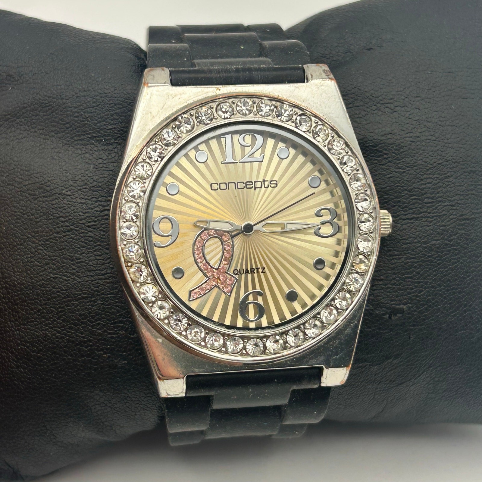 Concepts Breast Cancer Awareness Ribbon Watch Crystal Bezel Black Band Quartz
