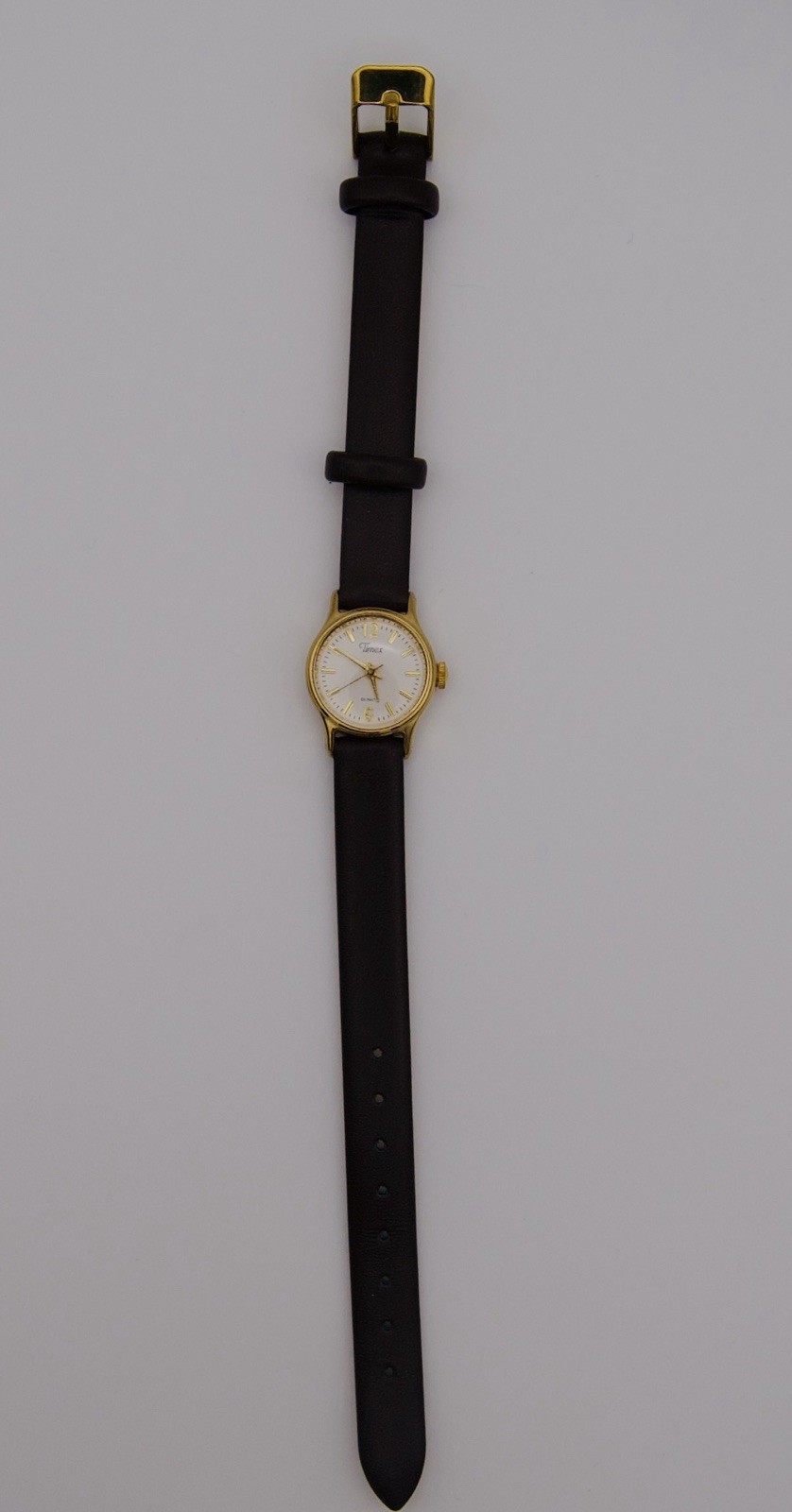 Vintage Timex Ladies Quartz Watch Gold Tone White Dial Brown Leather Band Runs
