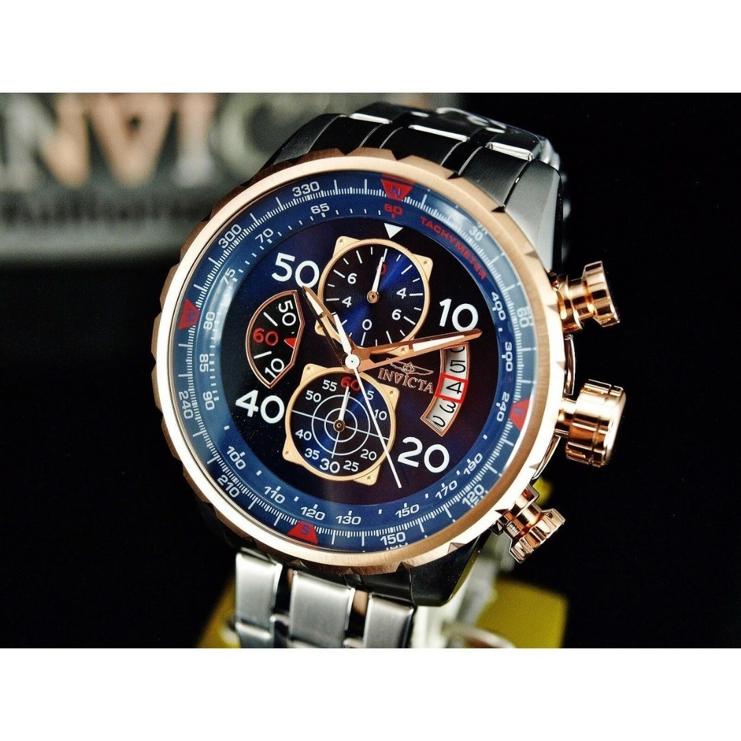 Invicta Men’s 48mm Aviator Chronograph Blue Dial 18K Rose Gold Plated SS Watch