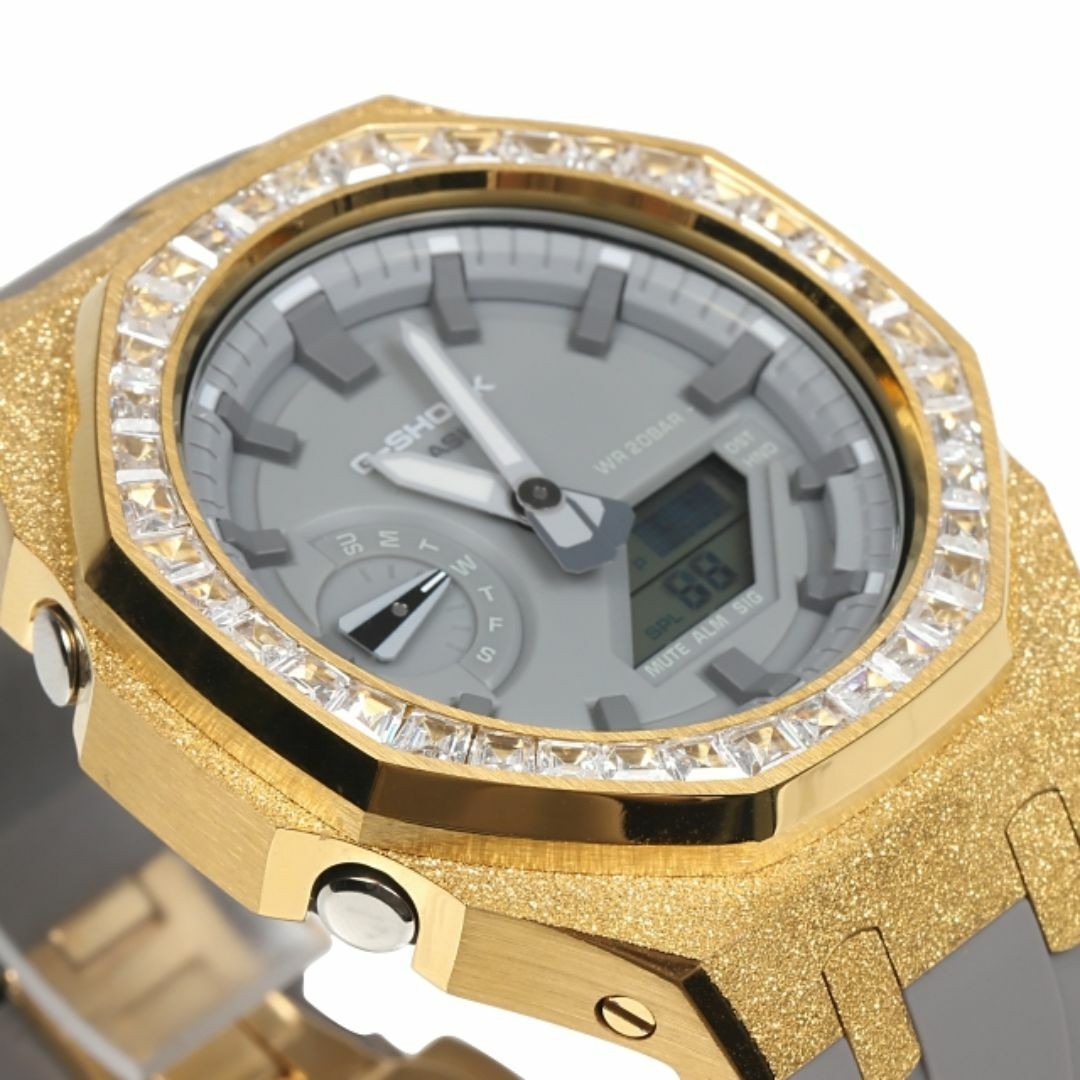 G-Shock GA2100 GA2110ET Metal Gray Custom Frosted Baguette CZ Bezel Rubber Band