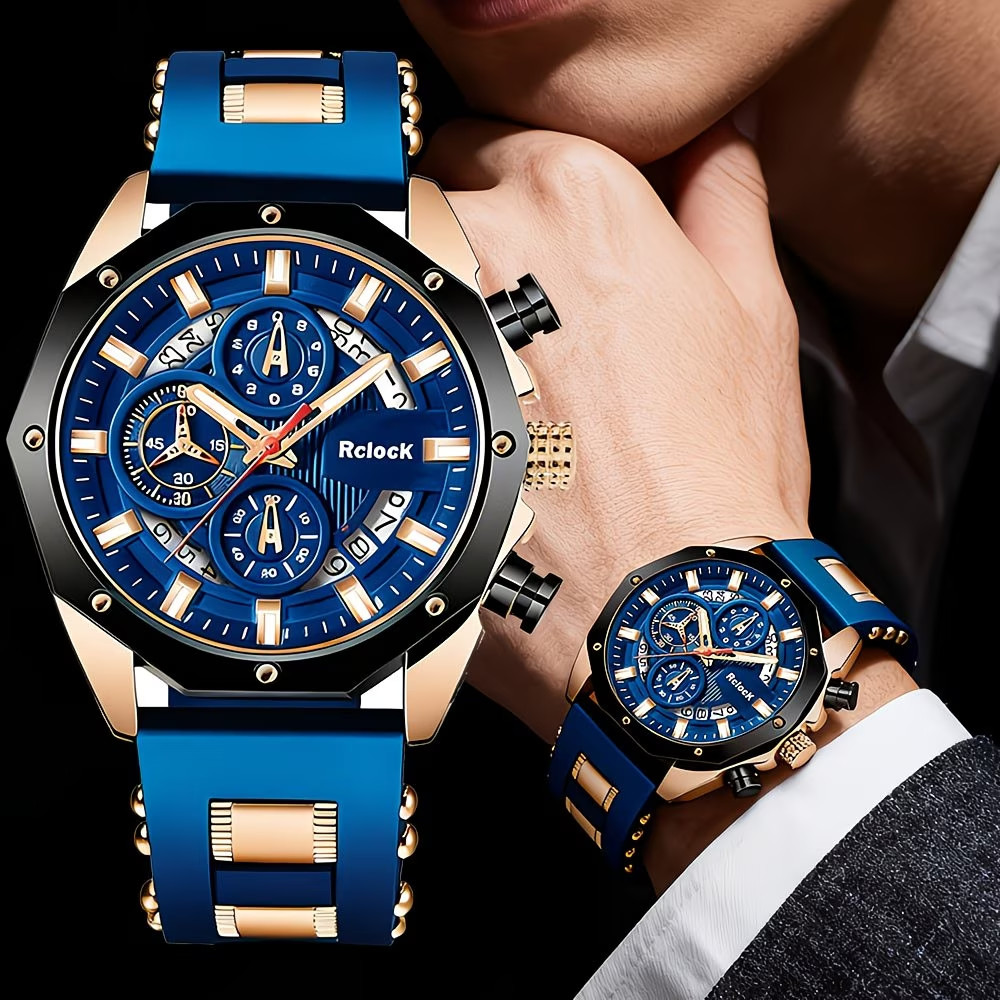 Men’s Luxury Analog Quartz Watch Chronograph & Date Display Blue Rose Gold NW