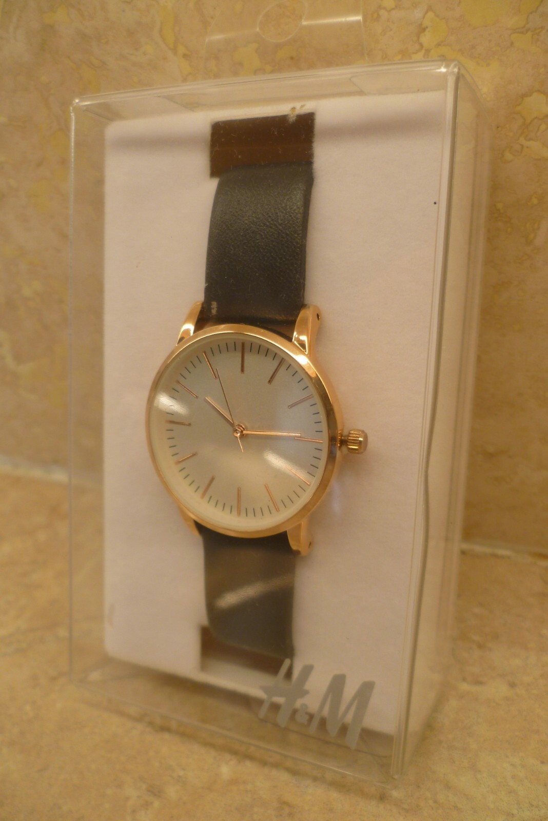 Smart Quartz H&M Watch Rose Gold Black Strap Champagne Ivory 30mm Face Dial
