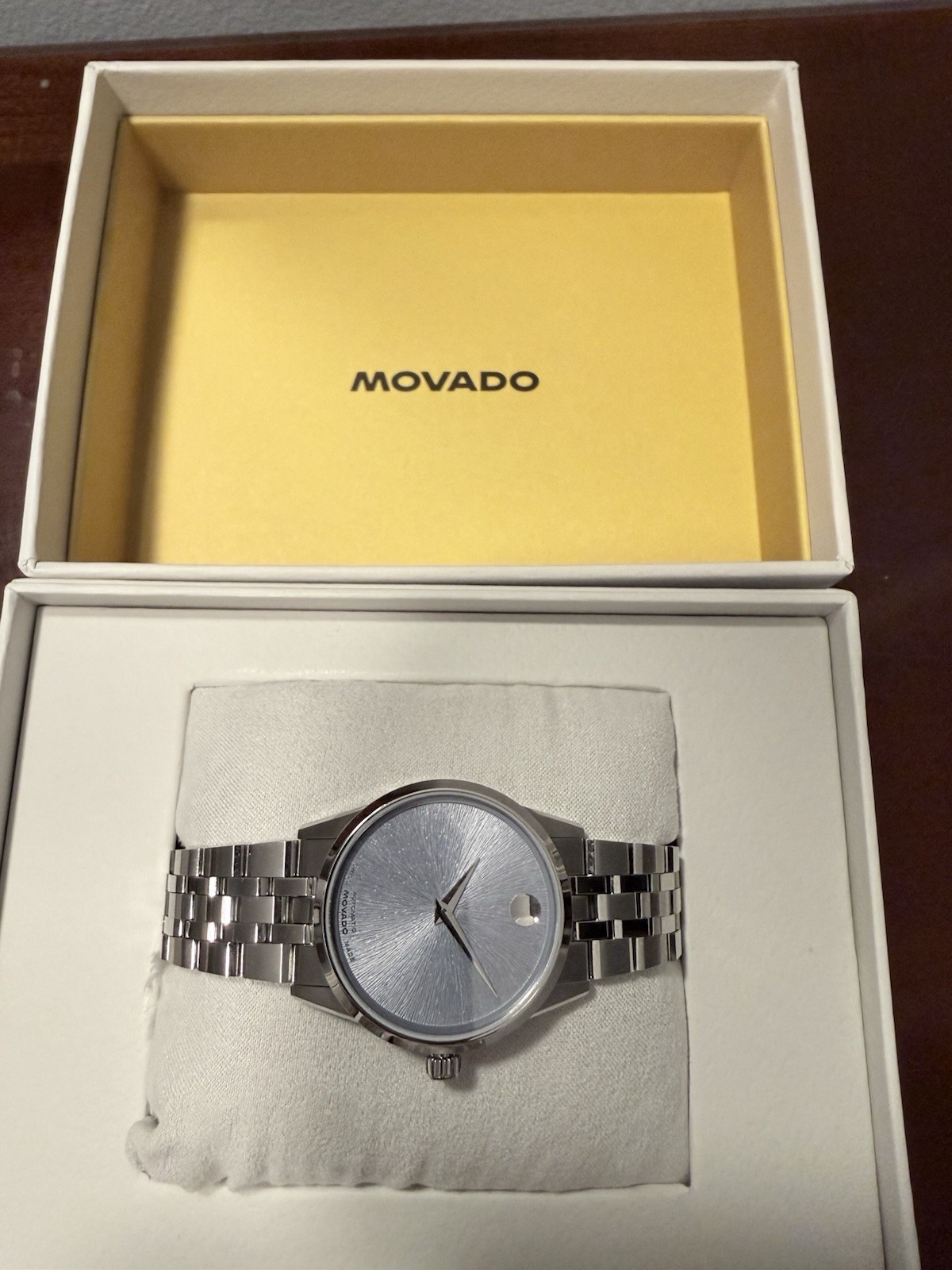 Movado Museum Automatic Swiss Made 40mm Silver Dial Steel Watch Box Papers