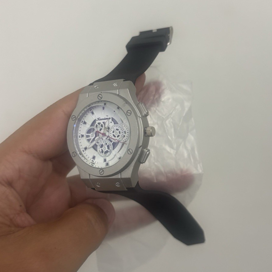 Kouming Chronograph Quartz Wristwatch Silver Case Black Rubber Strap Blue Dial