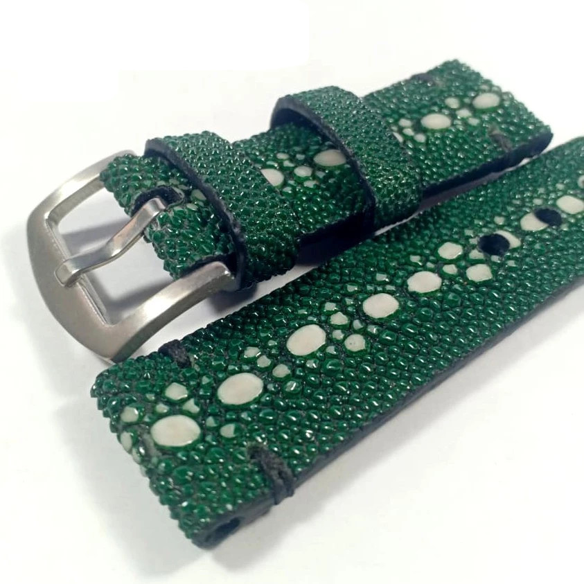 Exotic Fish Leather Watch Strap Ray Style 24mm Dark Green Handmade Textured GIFT