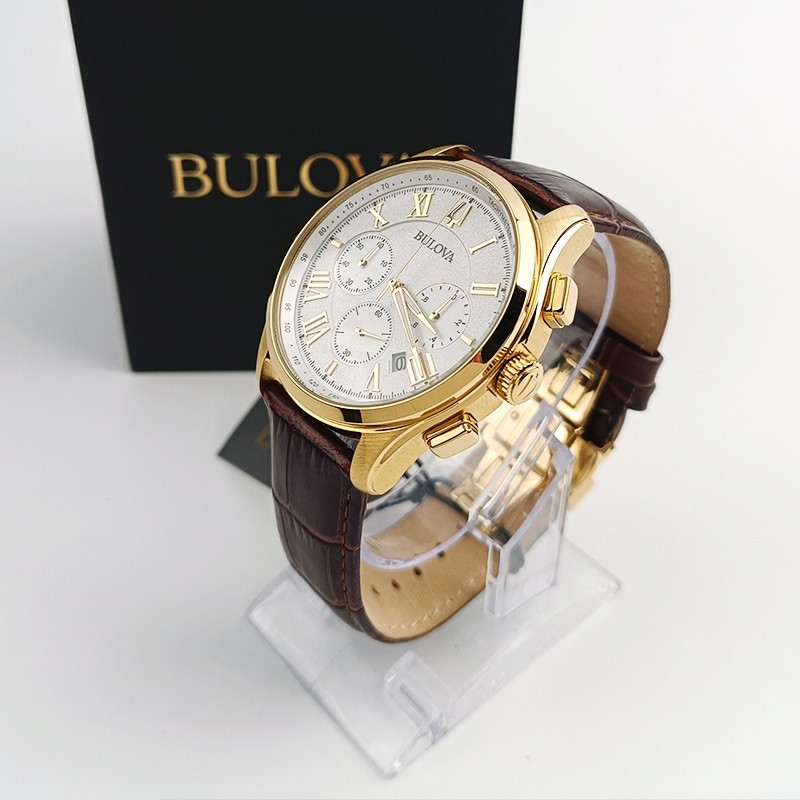 Bulova Wilton 97B169 White Dial Brown Leather Men’s Quartz Watch 46.5mm New