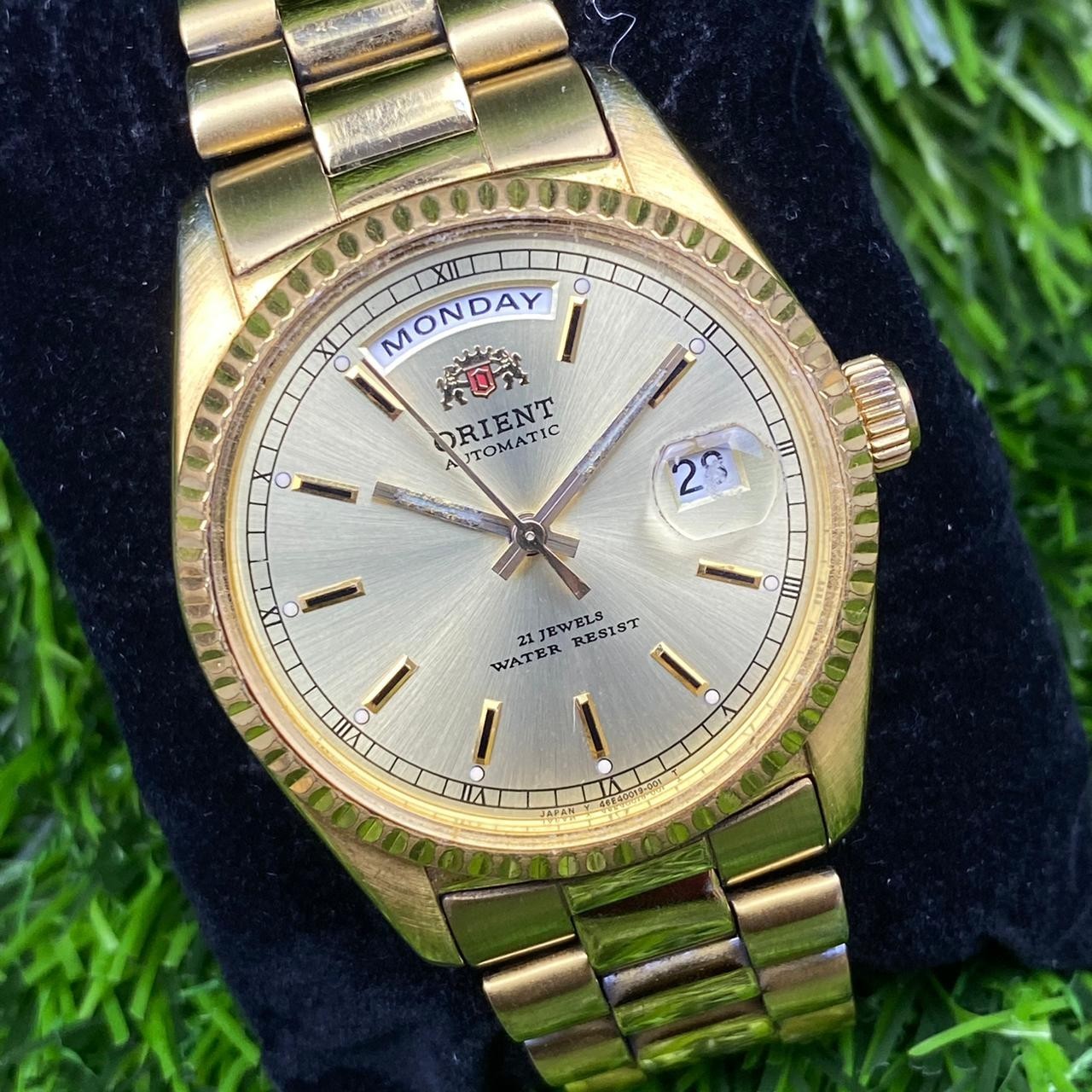 Rare Orient President Automatic Gold Dial Day Date Baton Index Vintage Watch Men