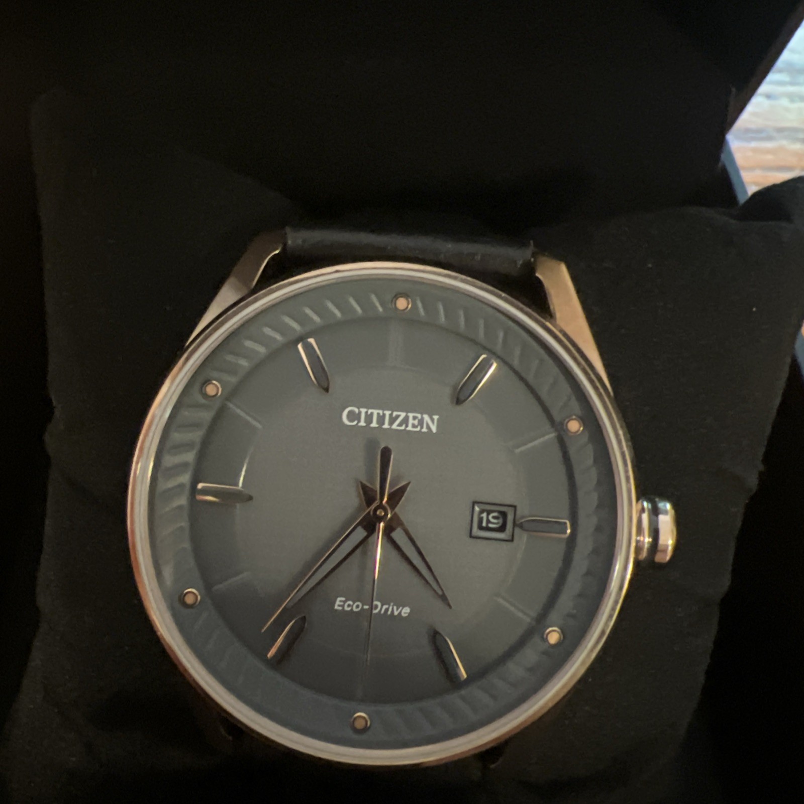 Citizen Eco-Drive Quartz Gray Textured Dial Gold Case Black Leather Date Watch