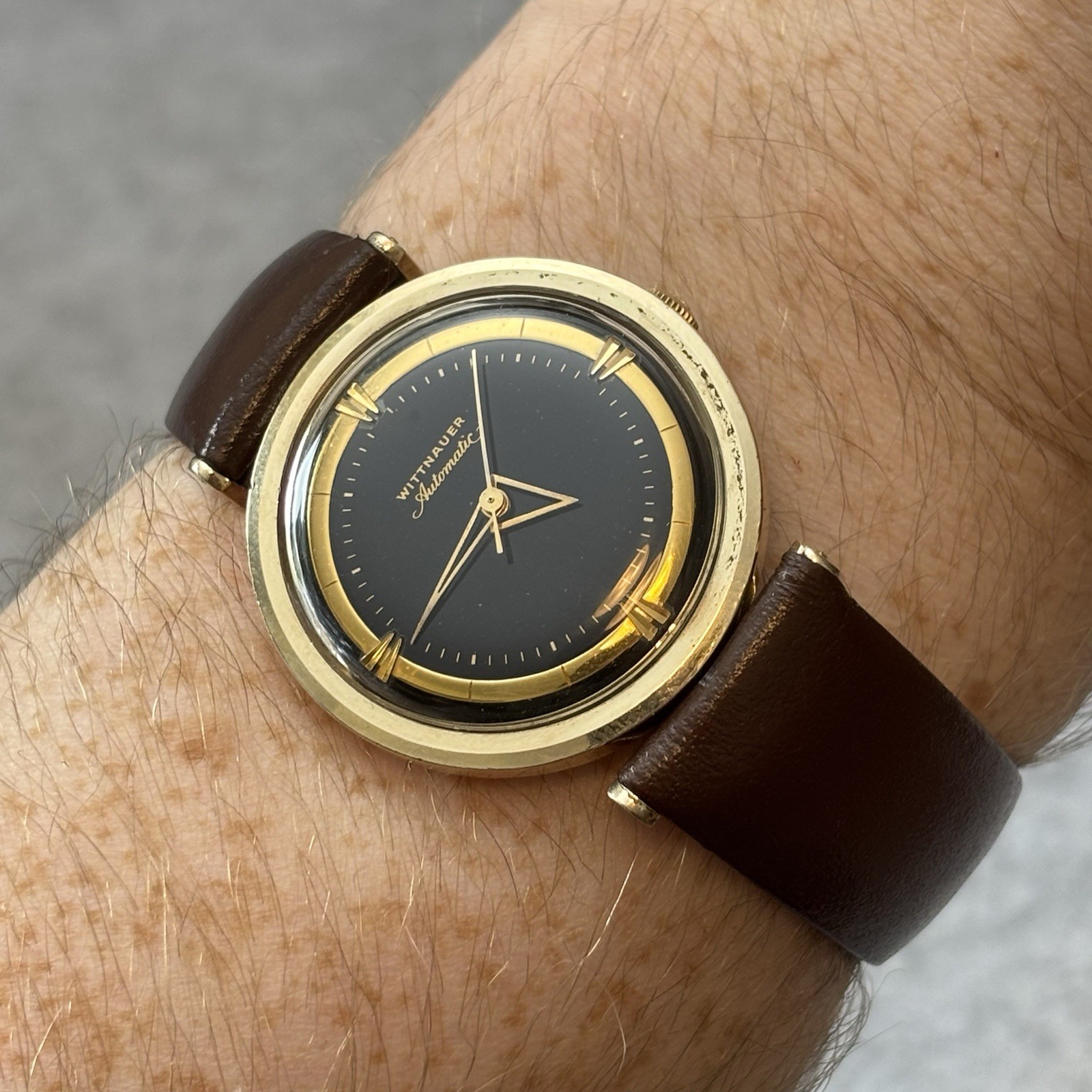 Vintage Wittnauer Automatic Watch 34mm Black Dial Triangle Hands GF – Serviced