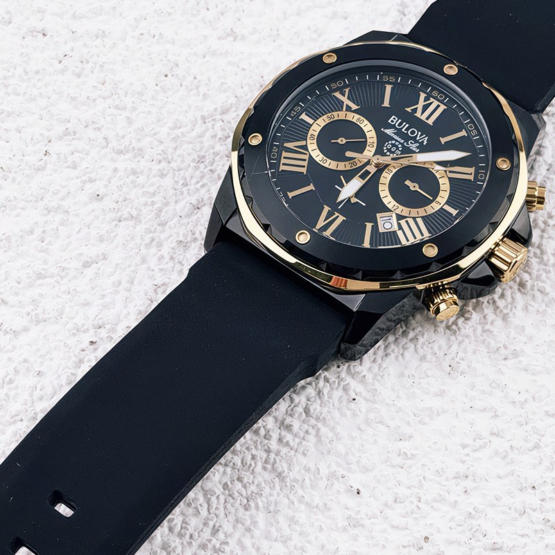 Bulova Marine Star A 98B278 Men’s Quartz Watch Black Dial Silicone Strap 44MM
