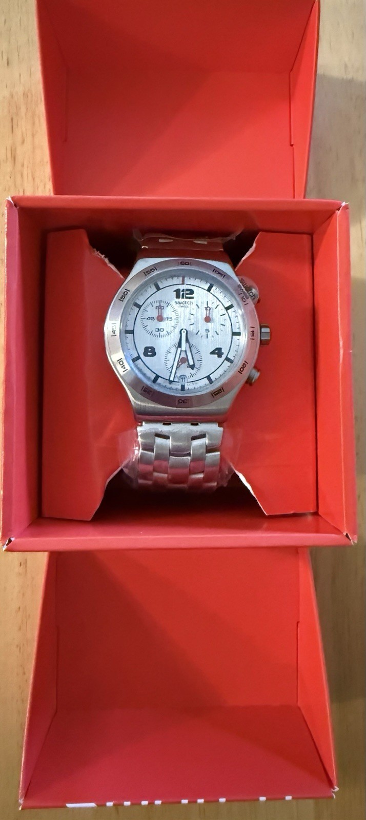 Swatch Irony Men’s Chronograph Quartz Silver Dial Steel Bracelet Watch w/Box