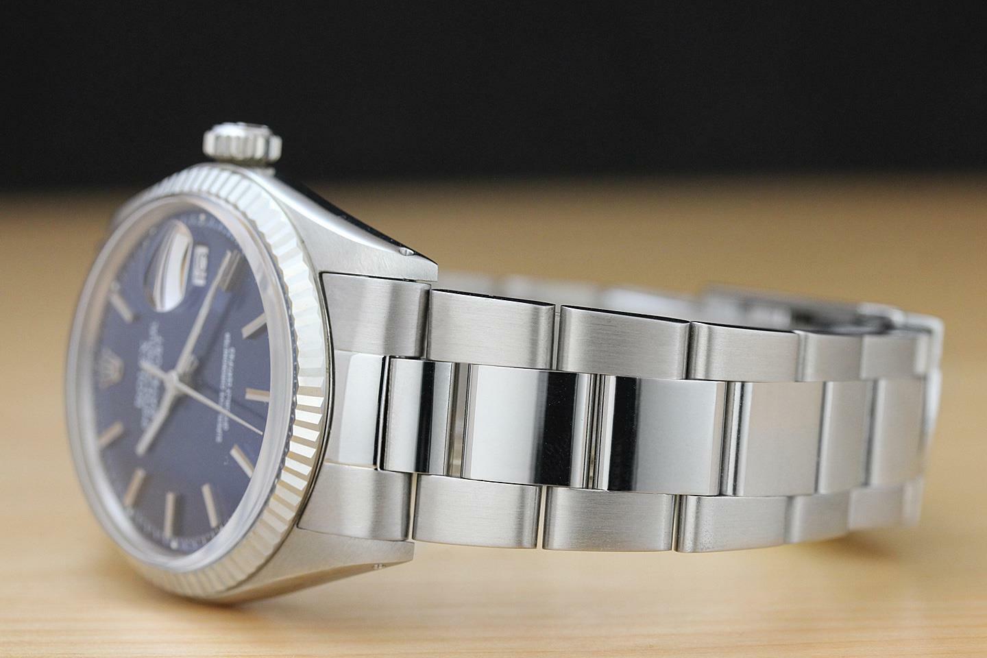 ROLEX MENS DATEJUST BLUE DIAL 18K WHITE GOLD & STEEL WATCH w/OYSTER BAND