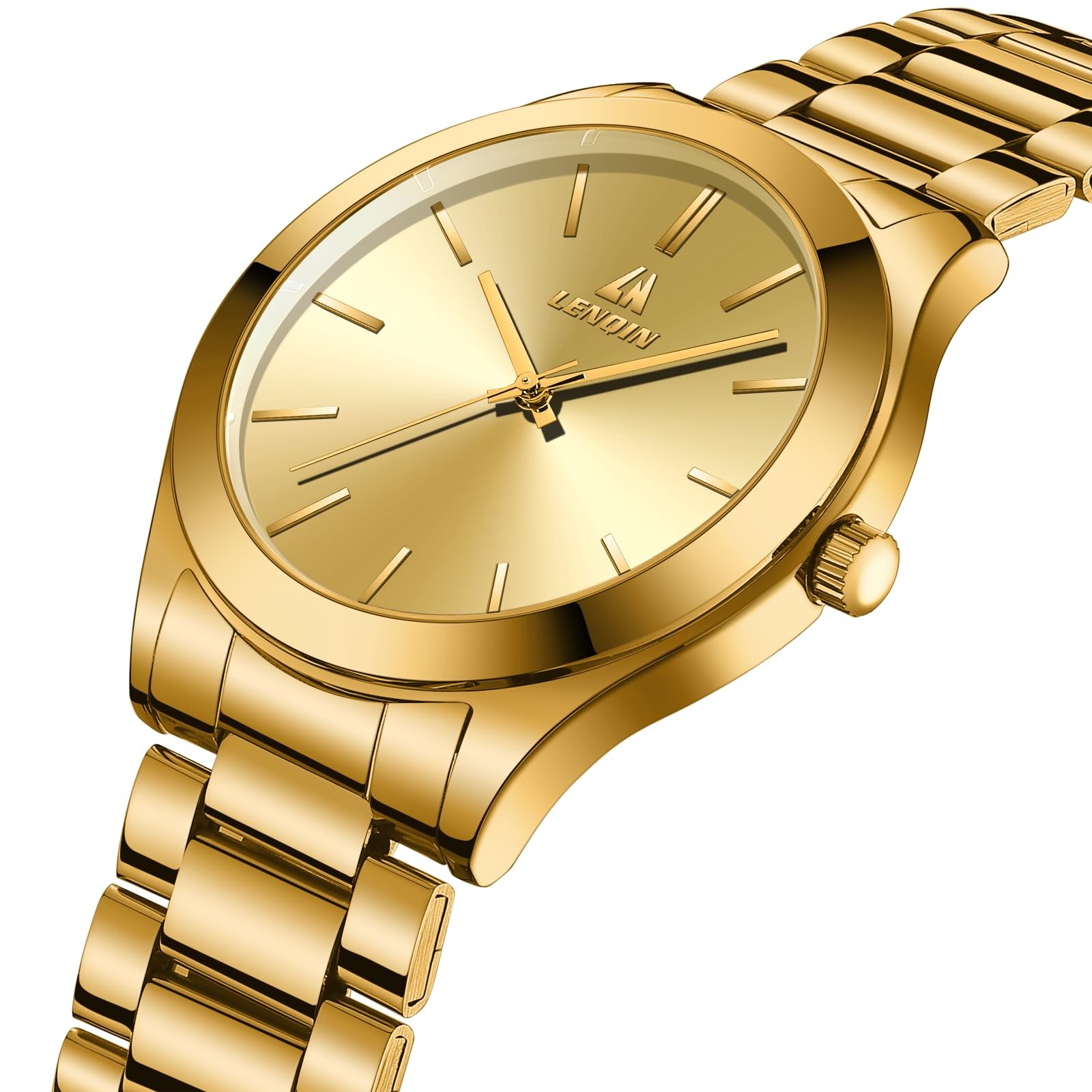 Men’s Waterproof Analog Quartz Watch 46mm Stainless Steel Gold Plated Case Strap