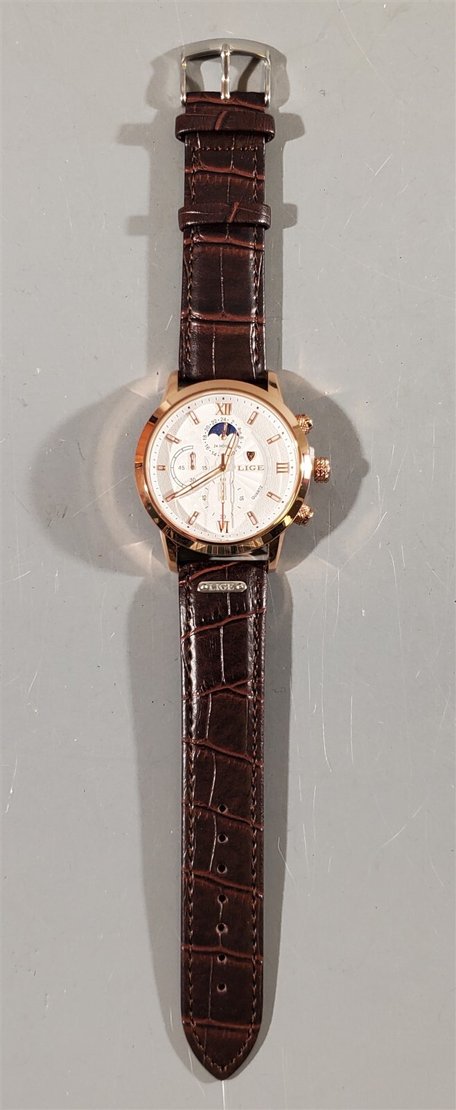 LIGE STAINLESS STEEL CHRONOMETER WRISTWATCH, FAUX ALLIGATOR BAND NIB