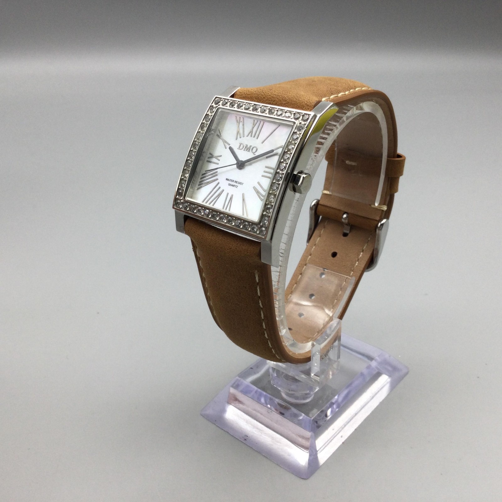 DMQ Square Watch Womens 28mm Silver Tone Crystals Tan Leather Strap New Battery