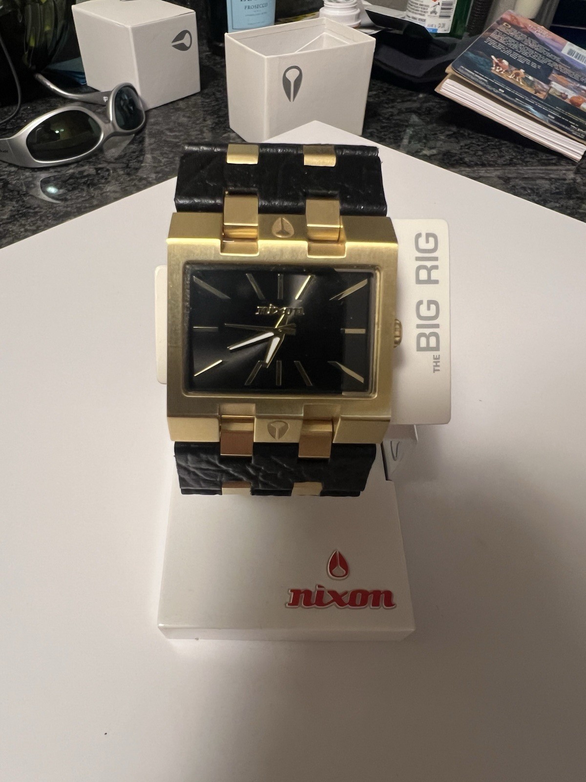 Nixon The Big Rig Nice Ride Quartz 100m Gold/Black Leather Bracelet Watch w/ Box