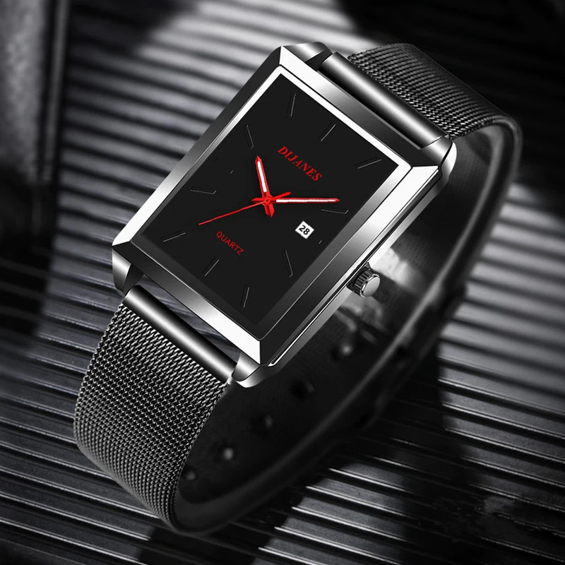 2023 Men’s Rectangle Stainless Steel Mesh Quartz Casual Wrist Watch