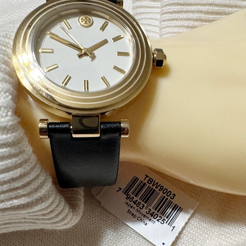 NWT! Authentic TORY BURCH Classic-T Ivory Dial Black Leather Strap Watch TBW9003