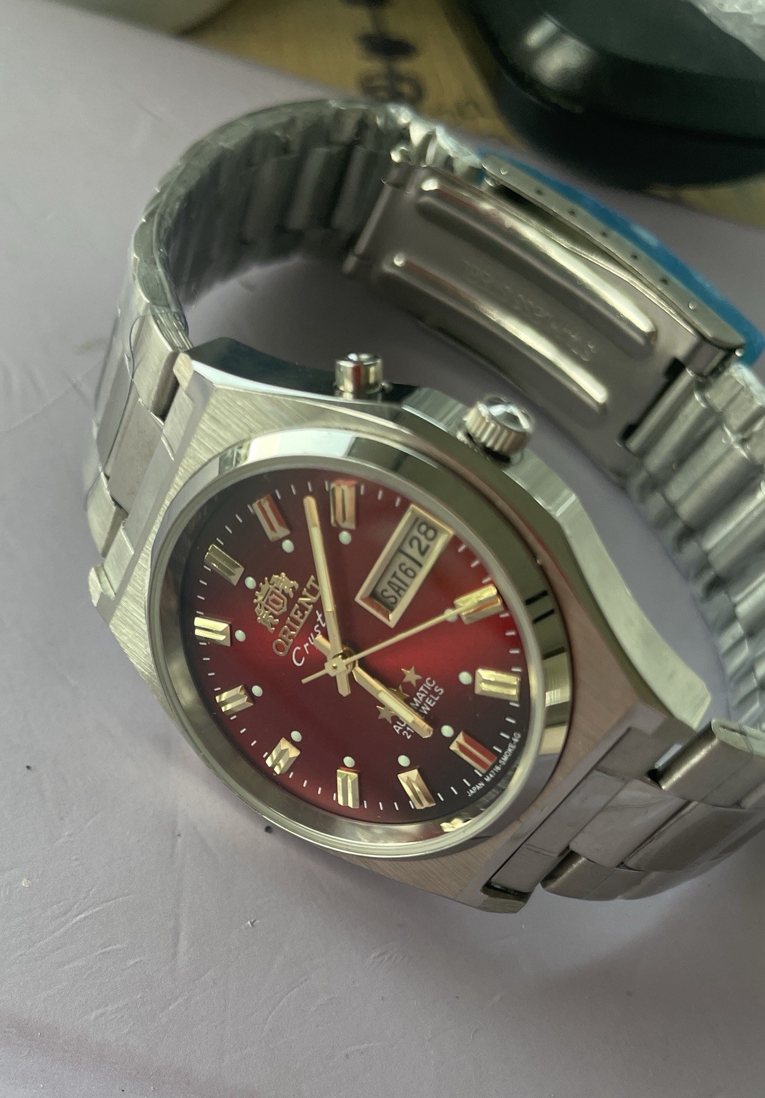 Orient Crystal Automatic Day/Date Red Dial 41mm Stainless Steel Bracelet Watch