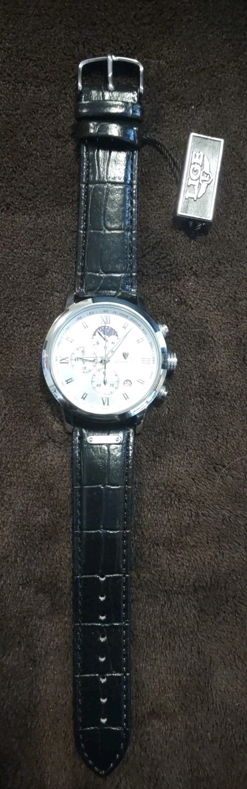 LIGE Men’s Watch Quartz Silver Chronograph Moonphase Black Leather Waterproof