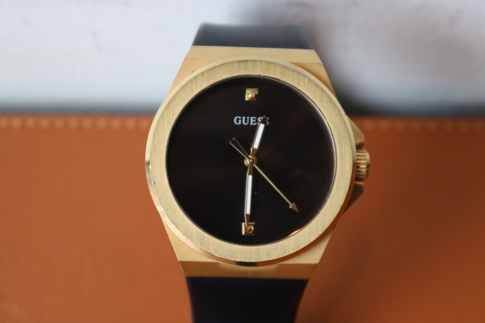 GUESS Diamond – Black & Gold Analog Watch w/ Silicone Wristband