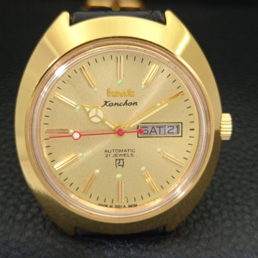 VINTAGE HMT KANCHAN 6501 AUTOMATIC INDIAN MENS GOLDEN COLOR DIAL WATCH a440939-1