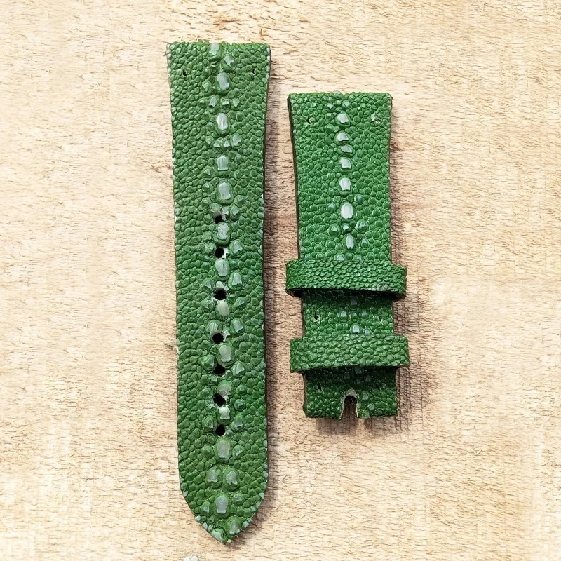 Custom Ray-Style Fish Leather Watch Strap Green Handmade Genuine Textured Band