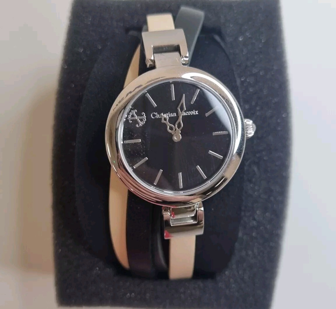 Christian Lacroix Silver & Black Leather Ladies Watch N°8010902 New Old Stock