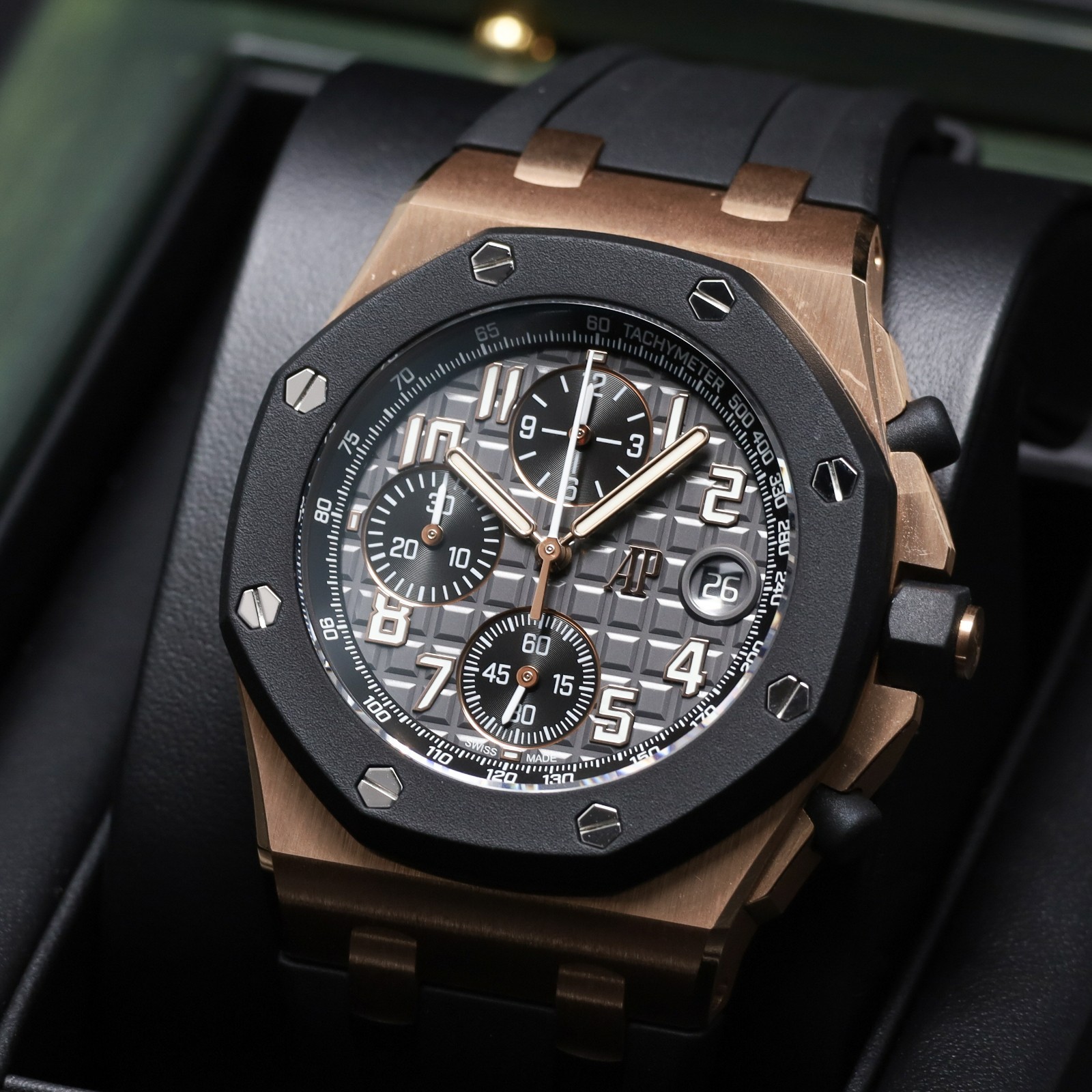 AP Royal Oak Offshore 42mm Rose Gold Grey Tapisserie Dial Rubber Strap 26238OK