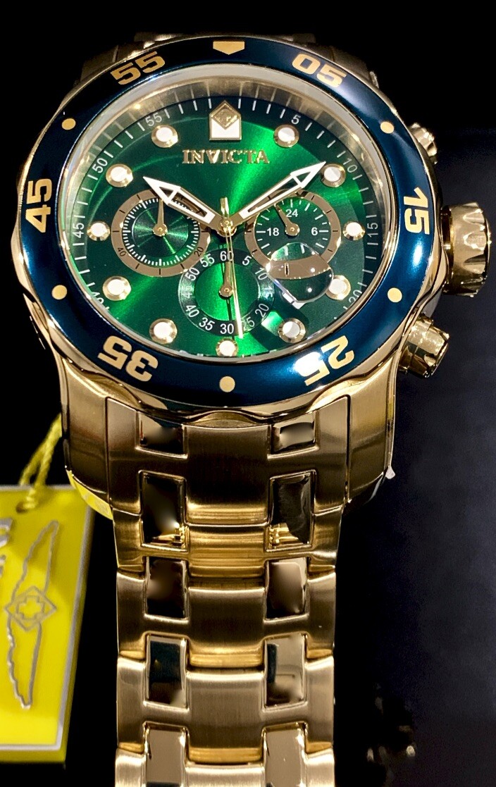 Invicta Mens Pro Diver Scuba Chronograph Green Dial 18Kt Gold Plated Watch 0075