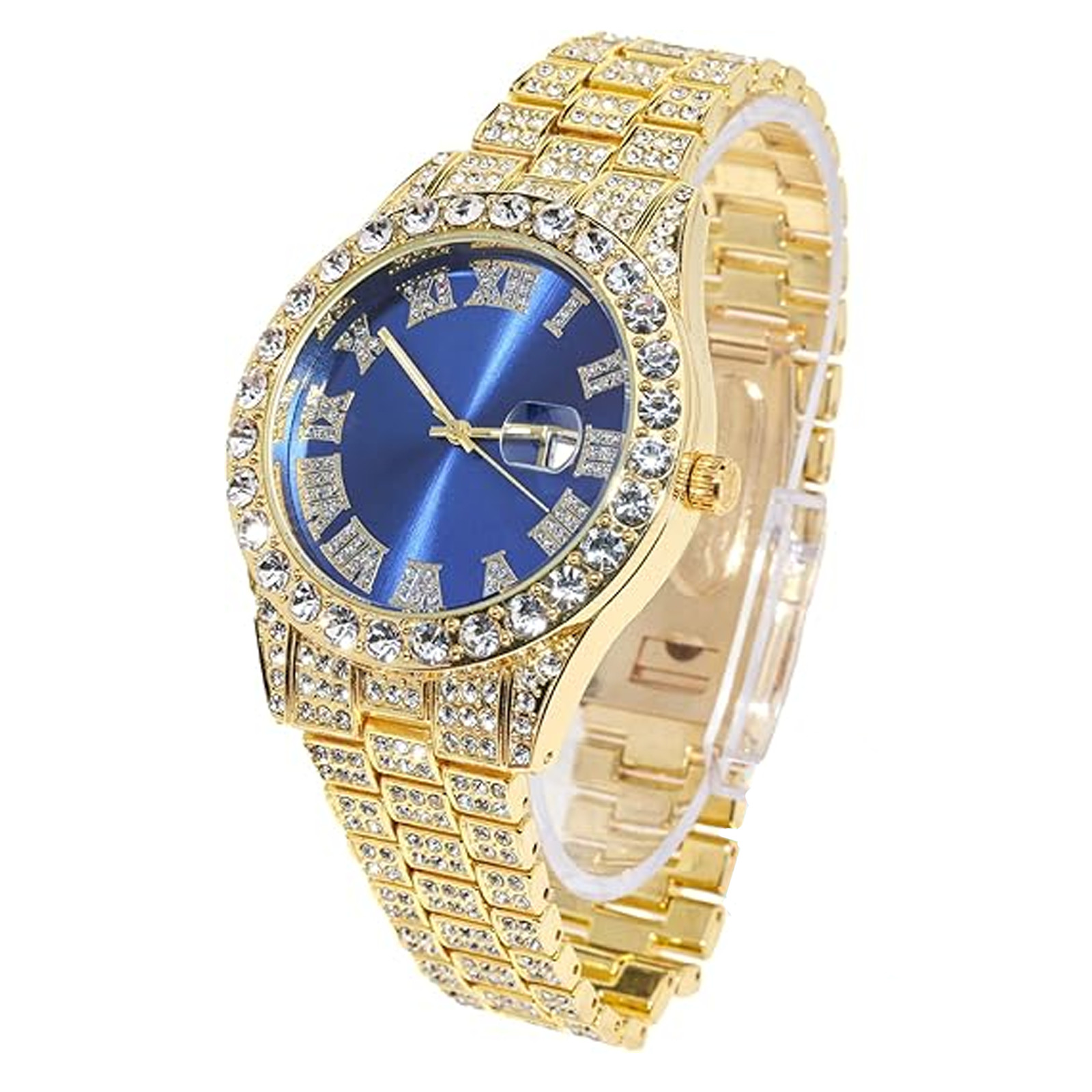 Men’s 18K Gold Plated Alloy Watch Iced Out 42MM Blue Dial Quartz Handset Diamond