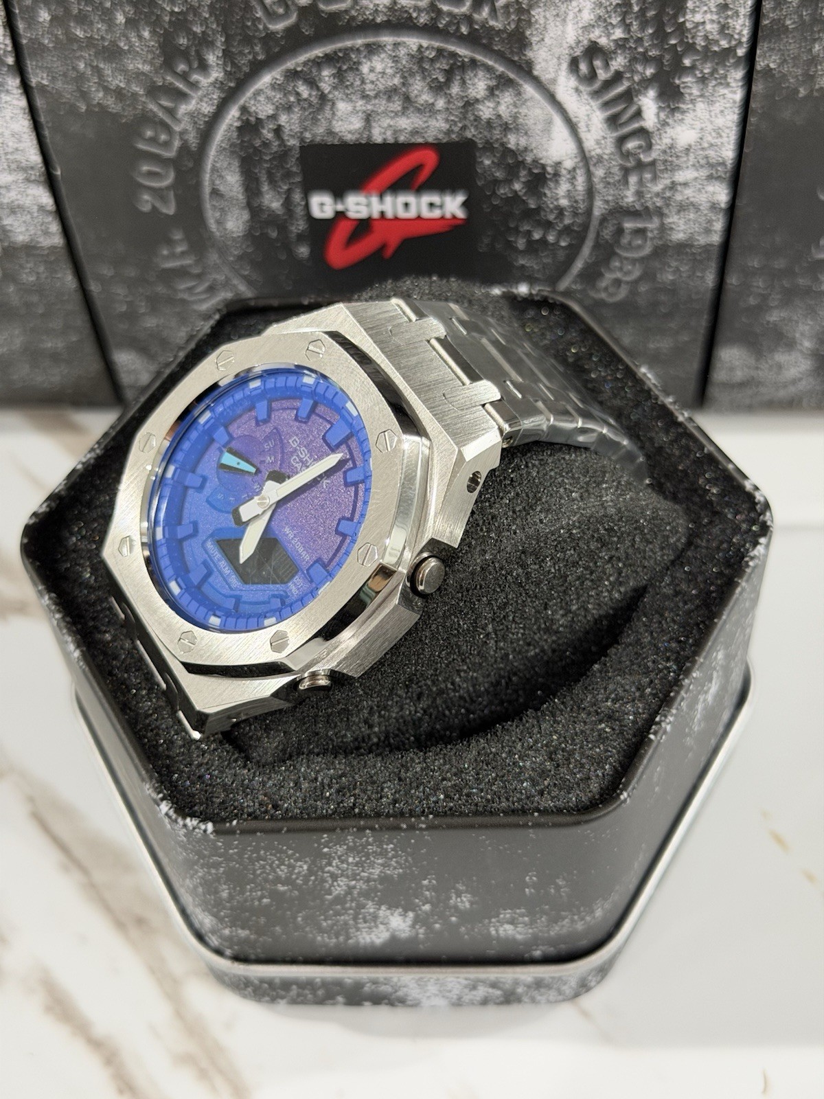 Casio GA-2100 G-Shock Watch – Sandblasted Silver Case Mod – Blue Dial