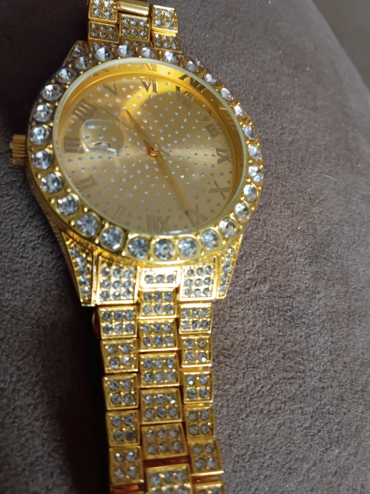 HALUKAKAH Gold Tone Quartz Analog Watch Rhinestone Dial Roman Numerals 38mm