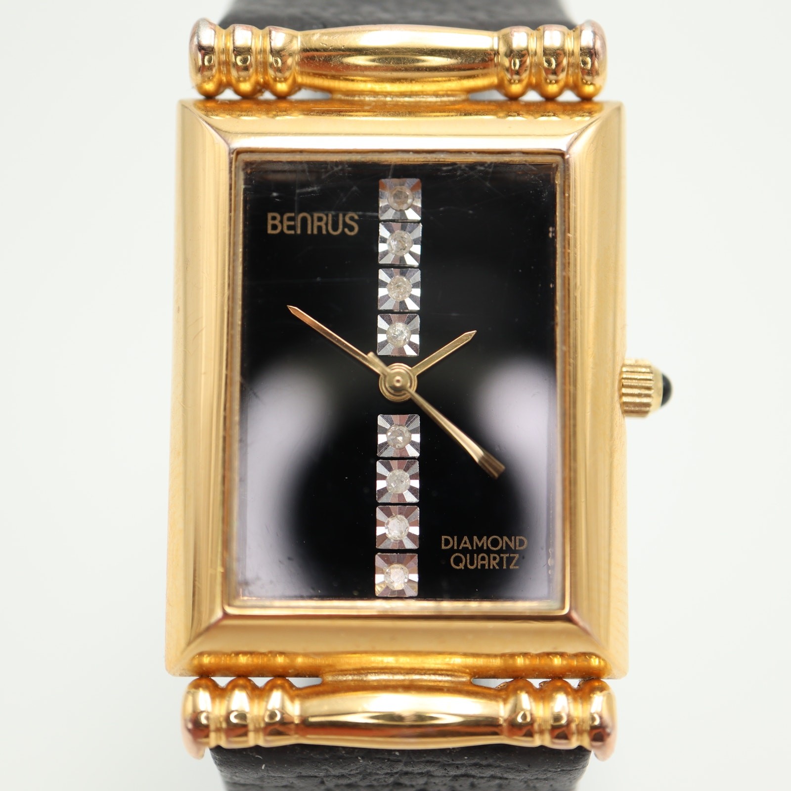 Vintage Benrus Diamond Tank Black Gold Tone 22mm Womens Watch w New Battery