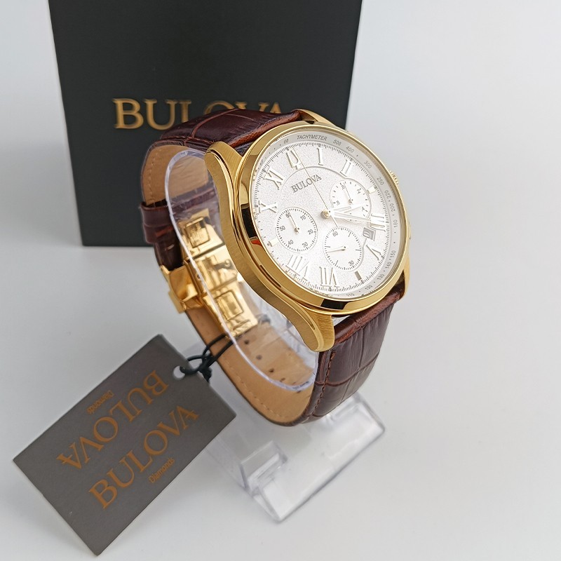 Bulova Wilton 97B169 White Dial Brown Leather Men’s Quartz Watch 46.5mm New