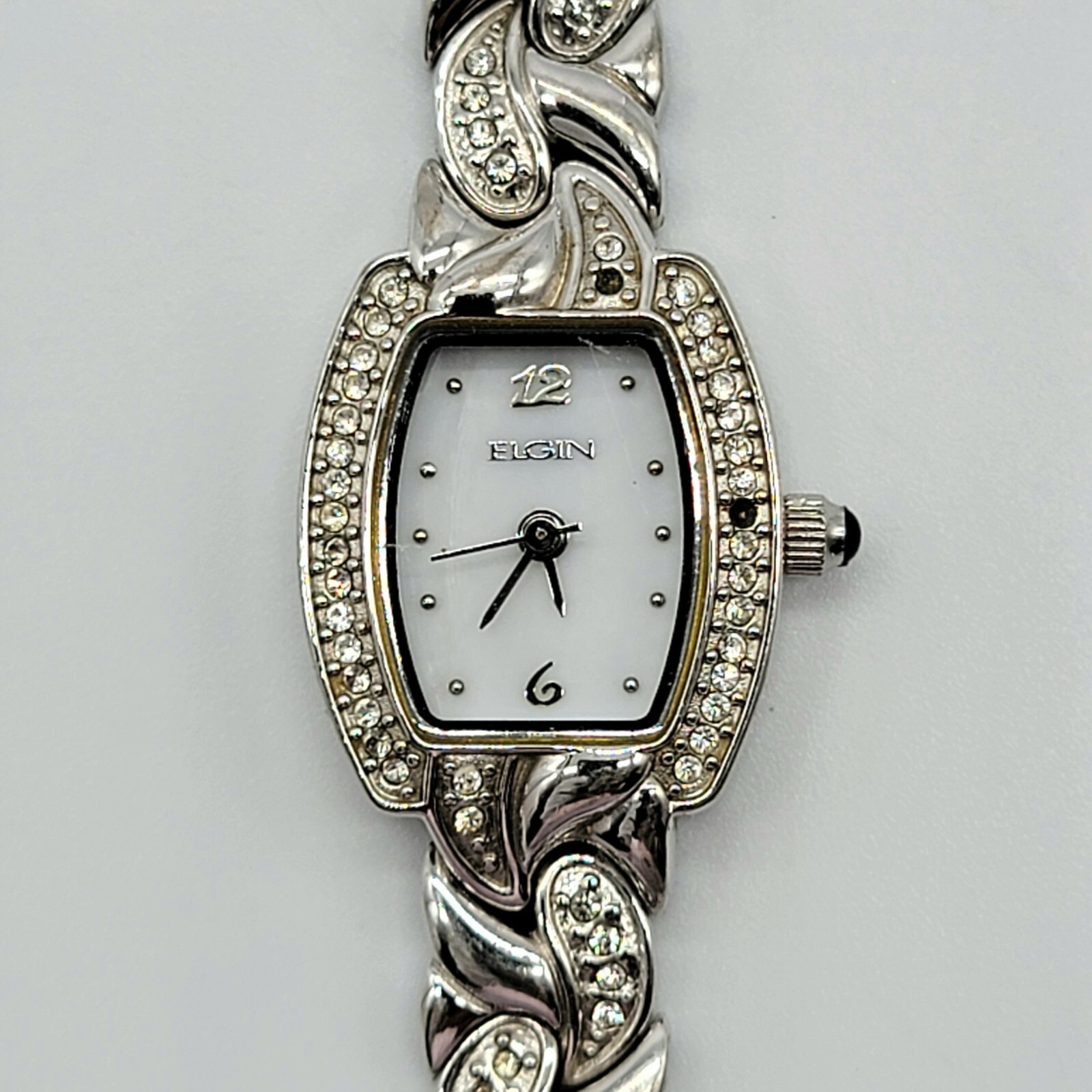 Elgin Women Watch 17mm Tonneau Dial Crystal Silver Tone 7″ *