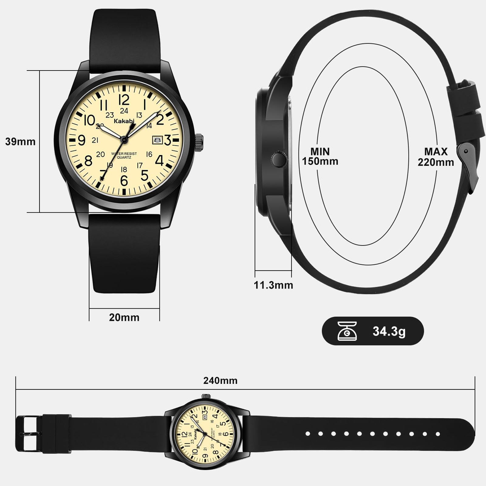 Japanese Quartz Movement Watch 39mm Case Silicone Band 30M Waterproof 12/24 Hour