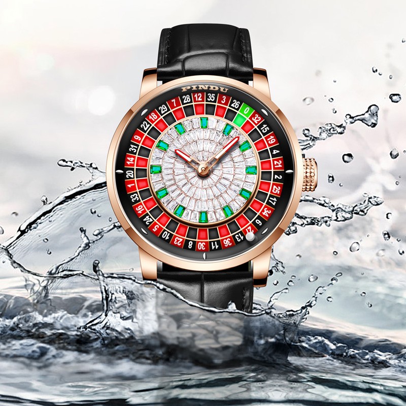 PINDU Men’s Mechanical Watch Rose Gold Case Black Leather Strap 3ATM waterproof