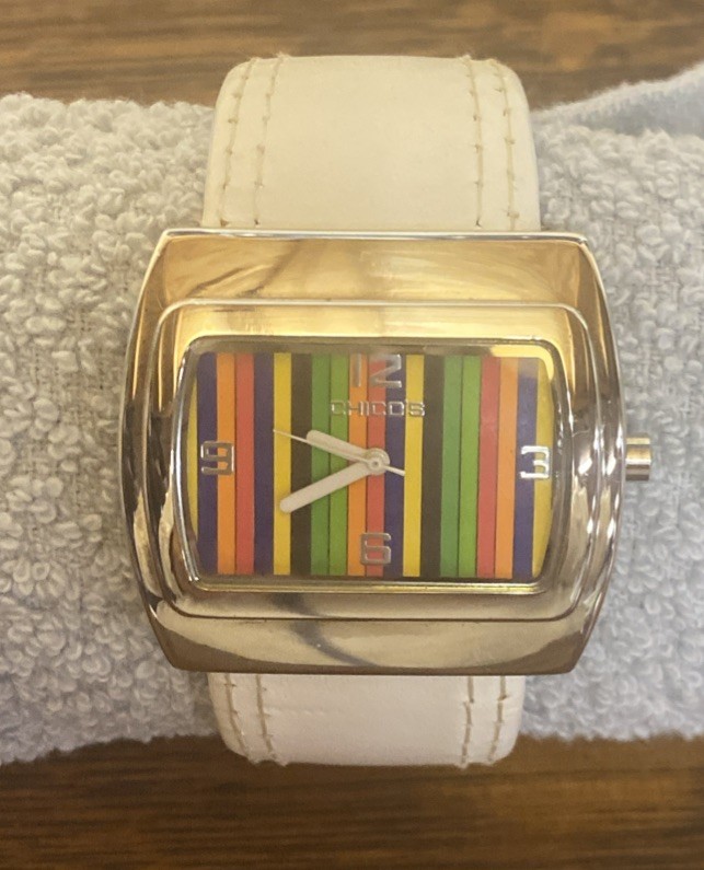 Chico’s Cuff Watch White Band Multicolor Striped Face, Rainbow Face