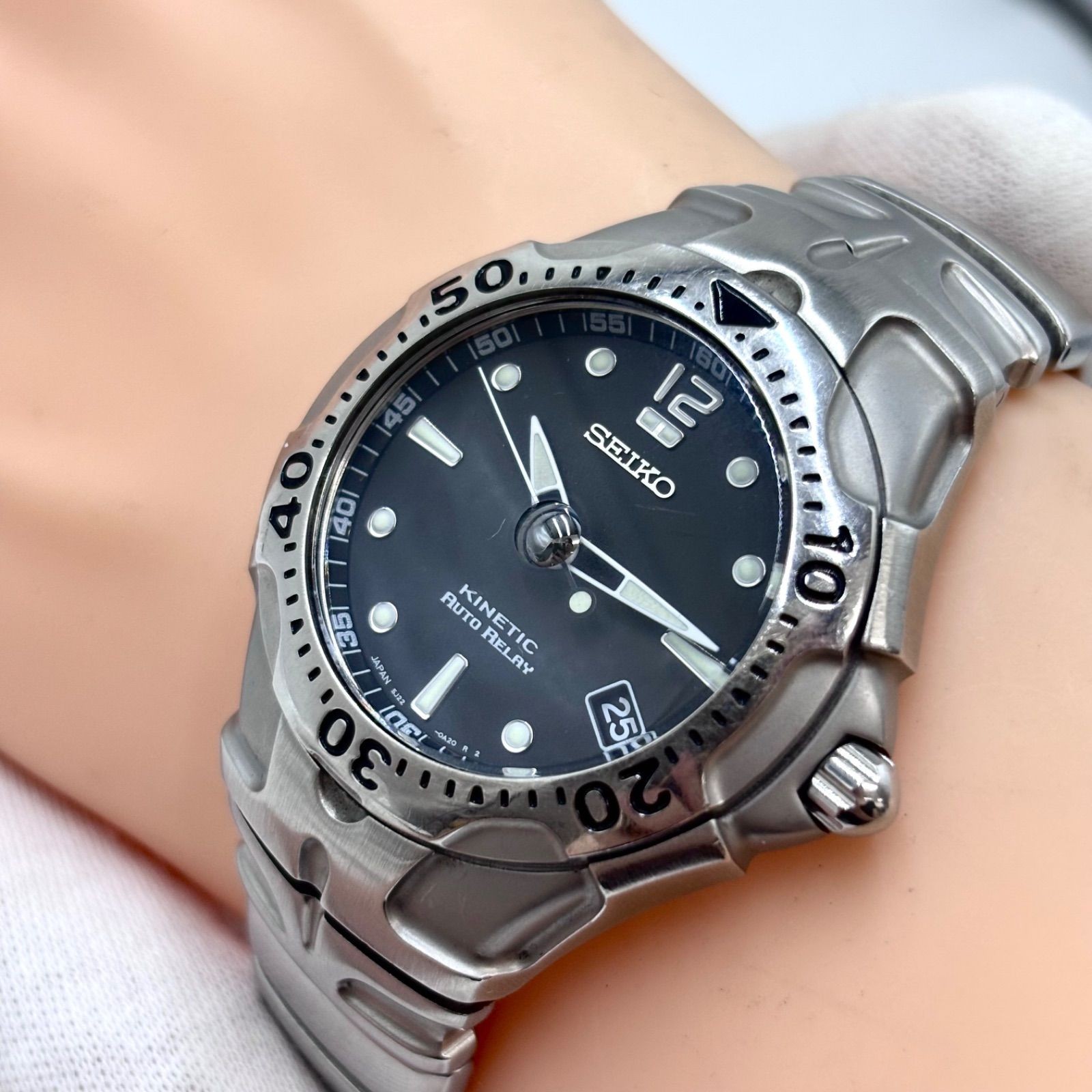 SEIKO Kinetic Scuba Diver Watch Date 1999th Silver Black Used Japan