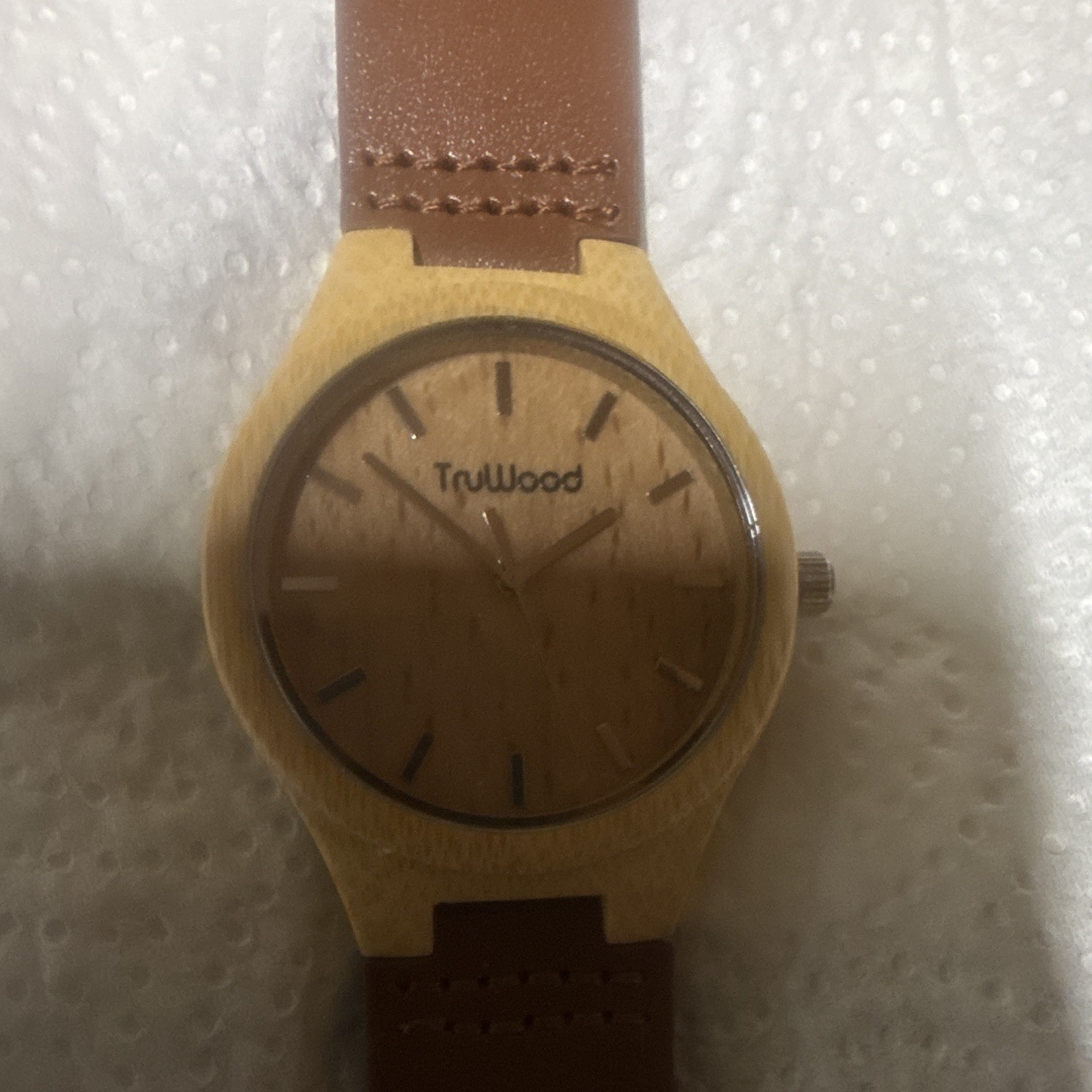 TruWood Quartz Analog Wood Case Brown Dial Stick Indexes Brown Leather Strap