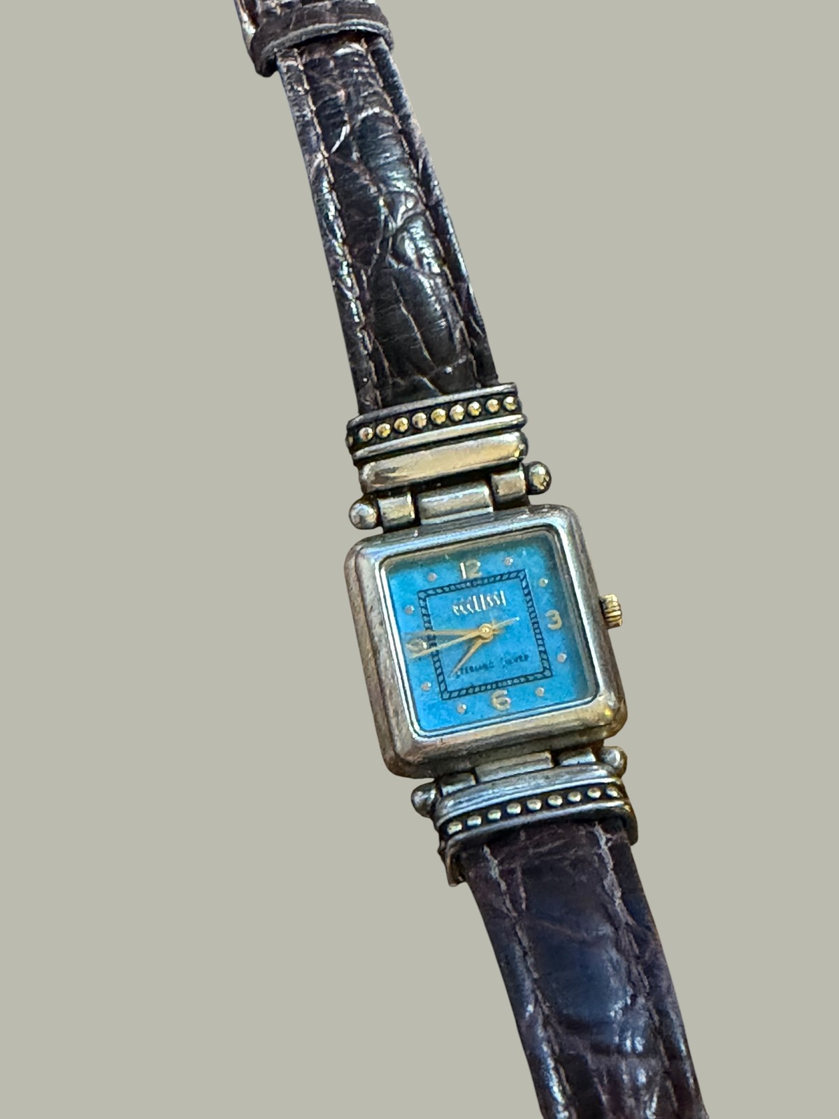 ECLISSI Sterling Silver Case Ladies Watch Blue Dial Brown Croc Embossed Leather